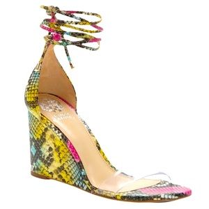 NWOB Vince Camuto Stassia Snake Print Leather Clear Ankle Tie Wedge Sandals